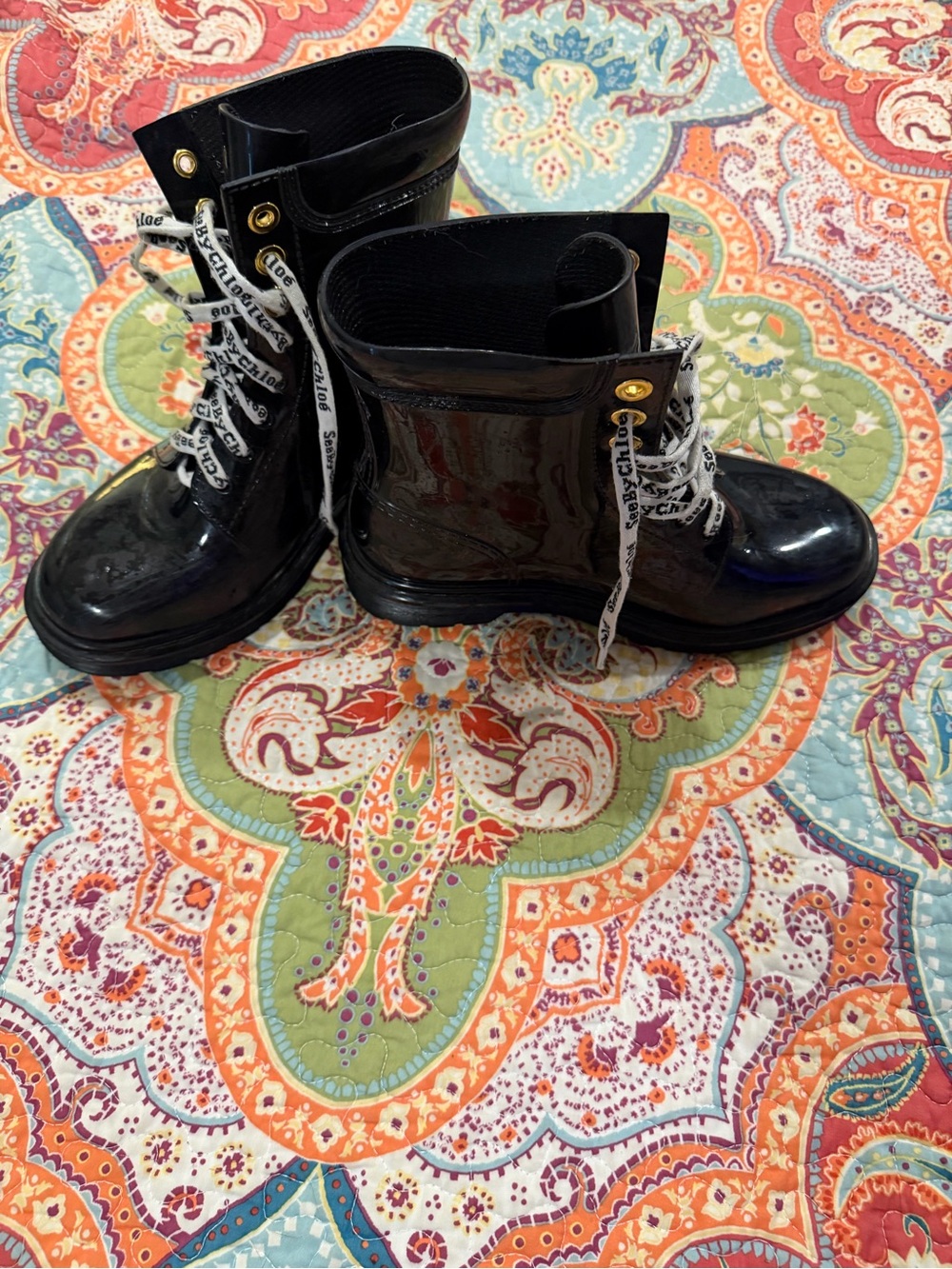 See By Chloe Black Patent Lace-Up Boots with Branded White Laces